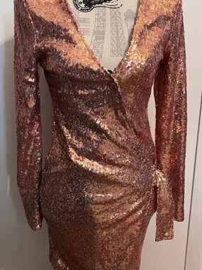 Missguided Rose Gold Sequin Wrap Long Sleeve Mini Dress